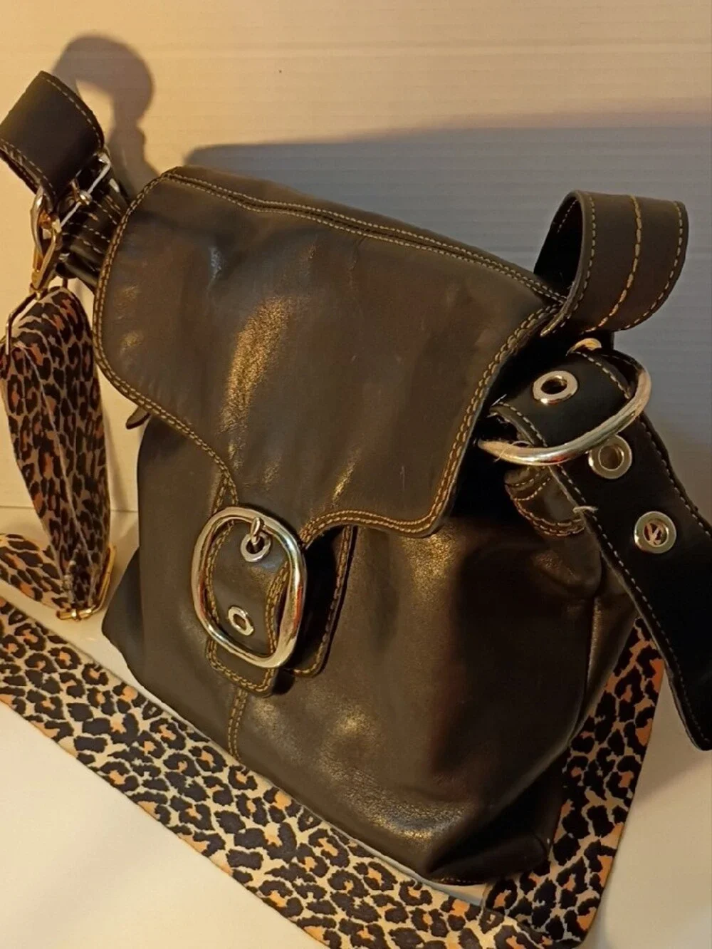 Coach Leather Crossbody Bag with Leopard Strap - Black